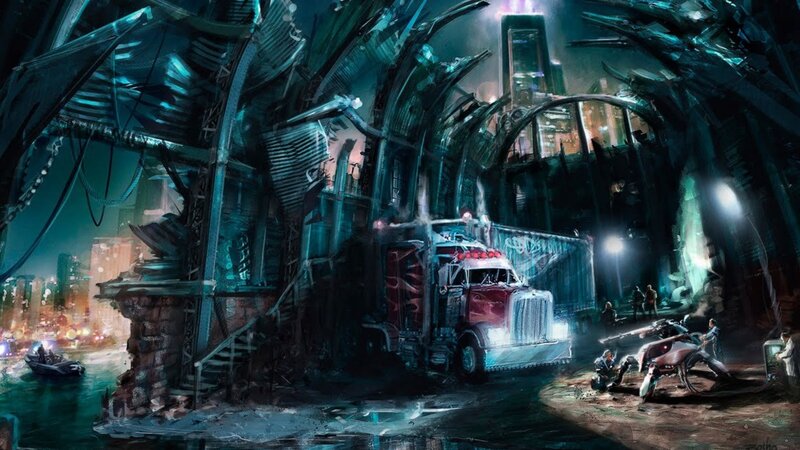 futuristic truck in ruined city