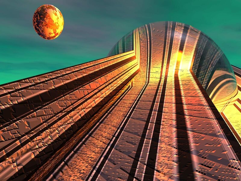futuristic tunnel with planet