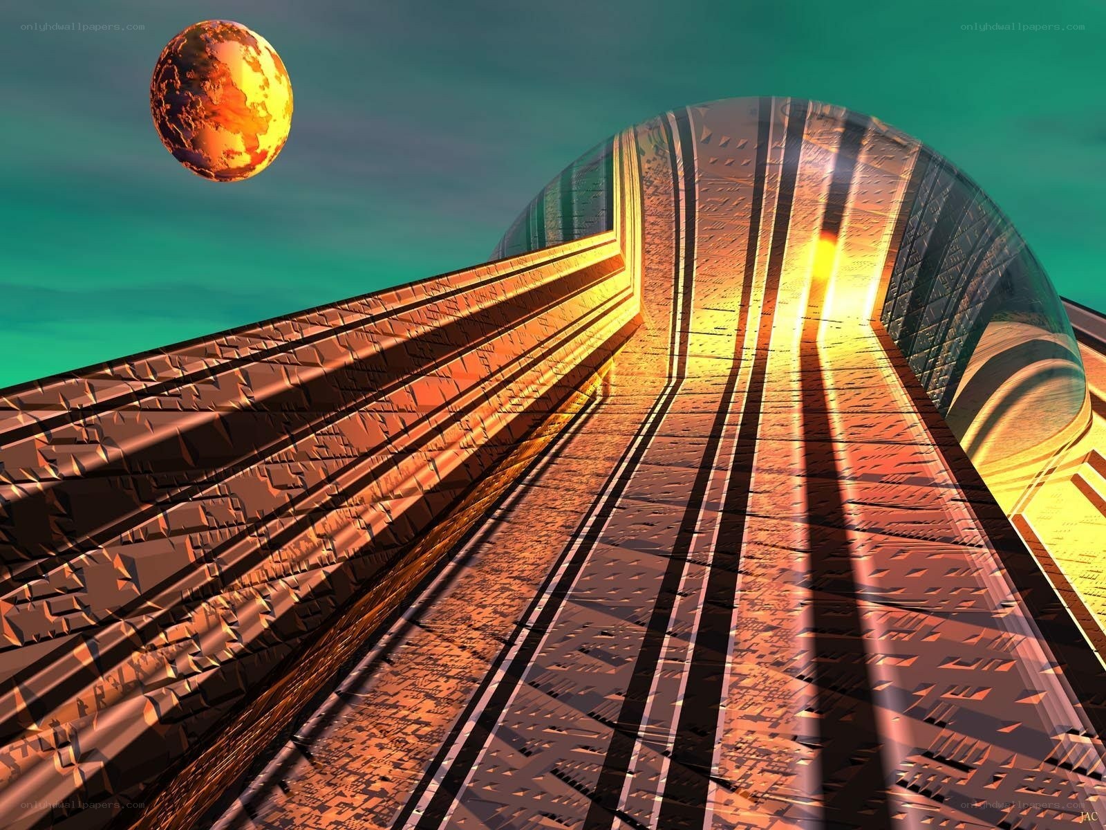 futuristic tunnel with planet