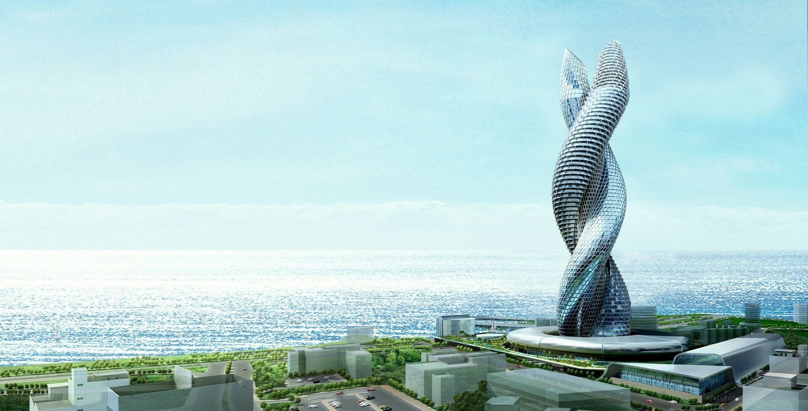 Futuristic twisted tower by the sea