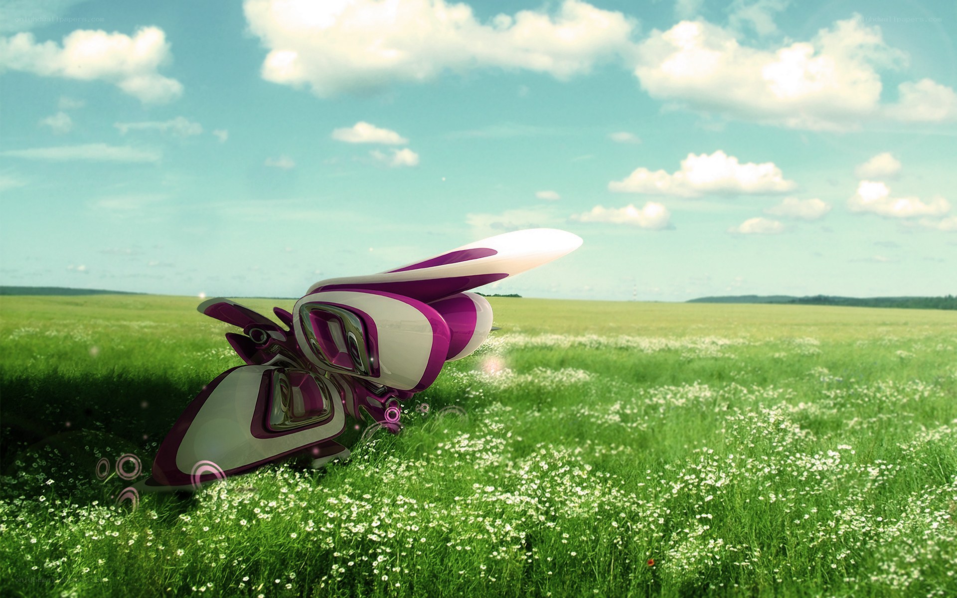 Futuristic vehicle in a field