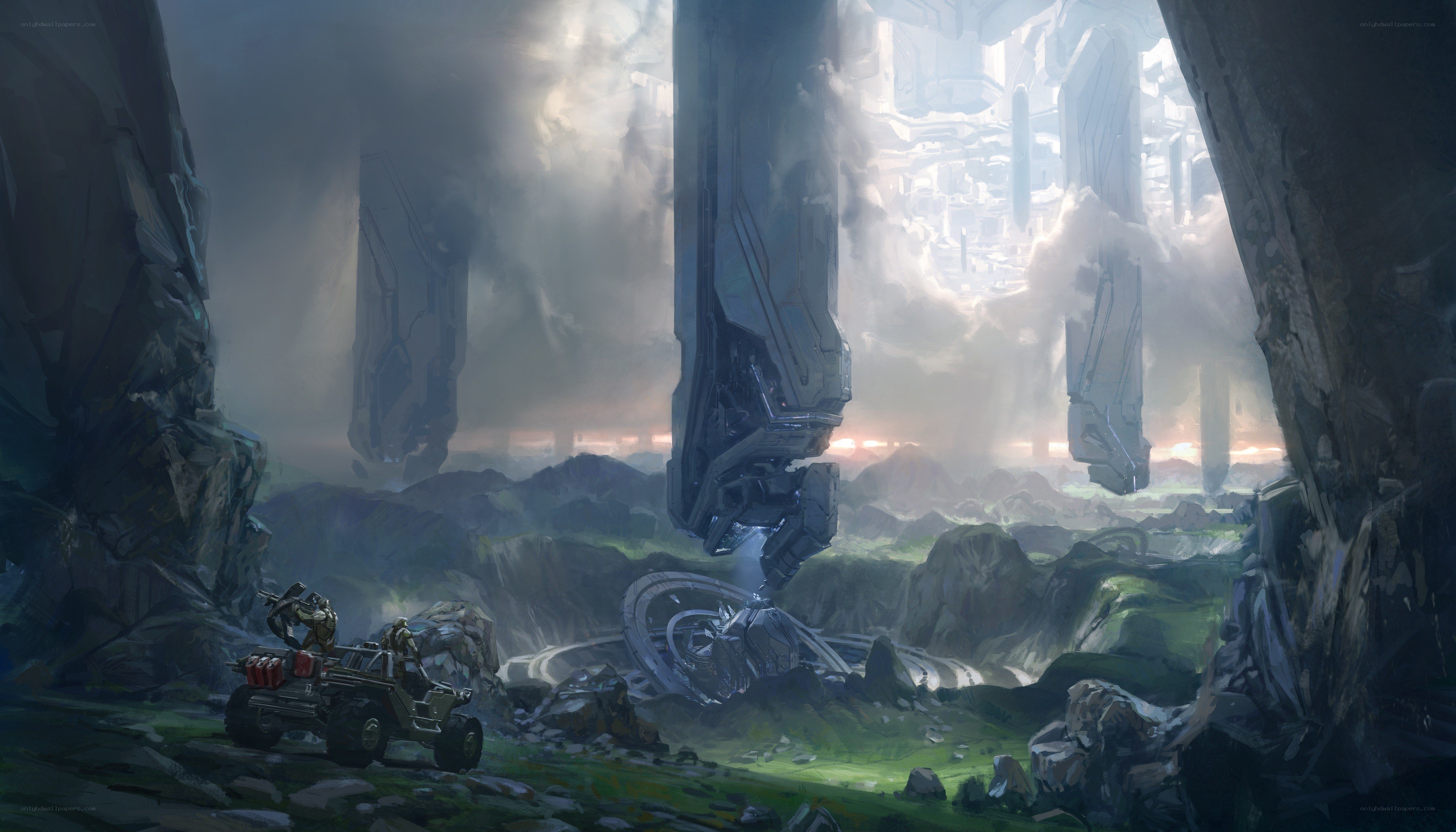Futuristic vehicle in alien landscape