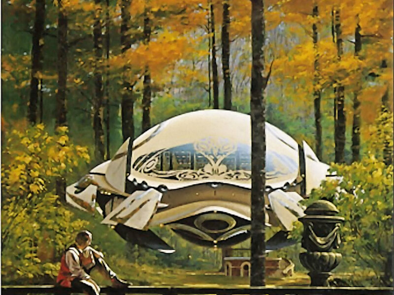 Futuristic vehicle in autumn forest