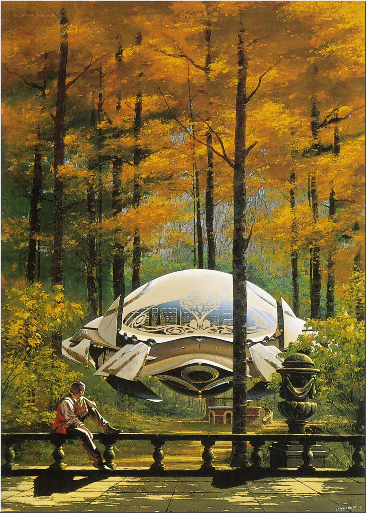 Futuristic vehicle in autumn forest