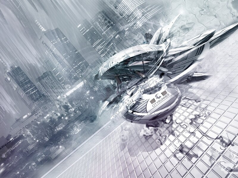 Futuristic Vehicle in City — Gray, Dramatic