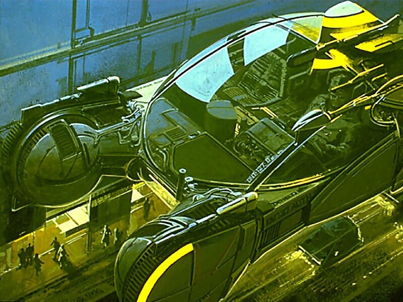 Futuristic Vehicle in City — Green, Dramatic