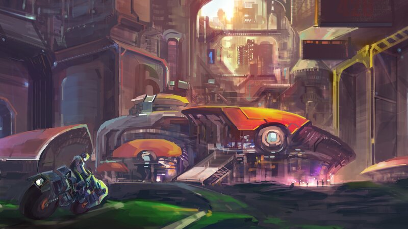 Futuristic Vehicle in City — Orange