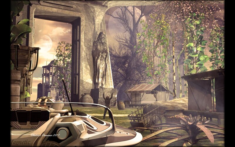 Futuristic Vehicle in Courtyard