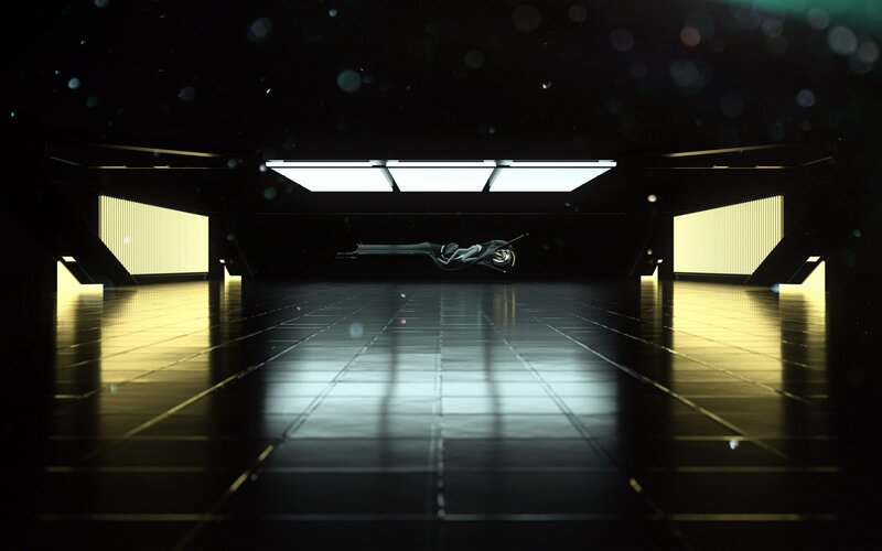 futuristic vehicle in dark chamber