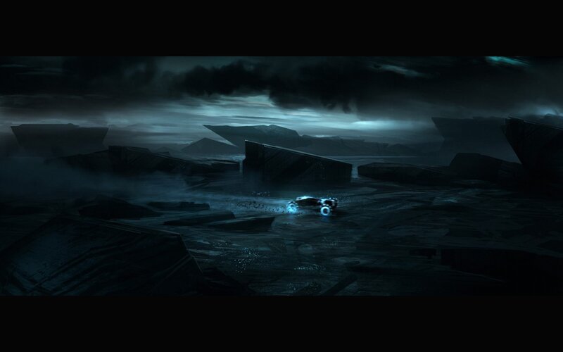 futuristic vehicle in dark landscape