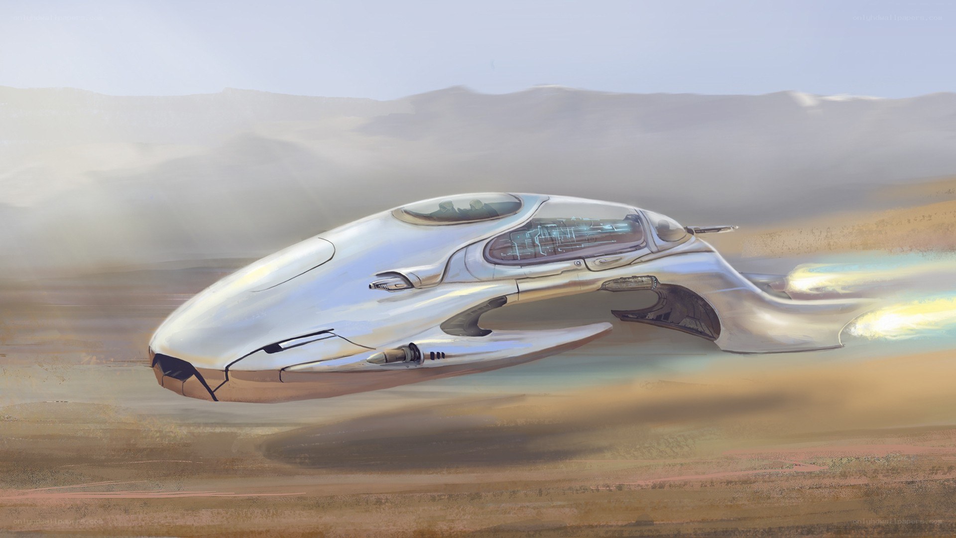 futuristic vehicle in desert