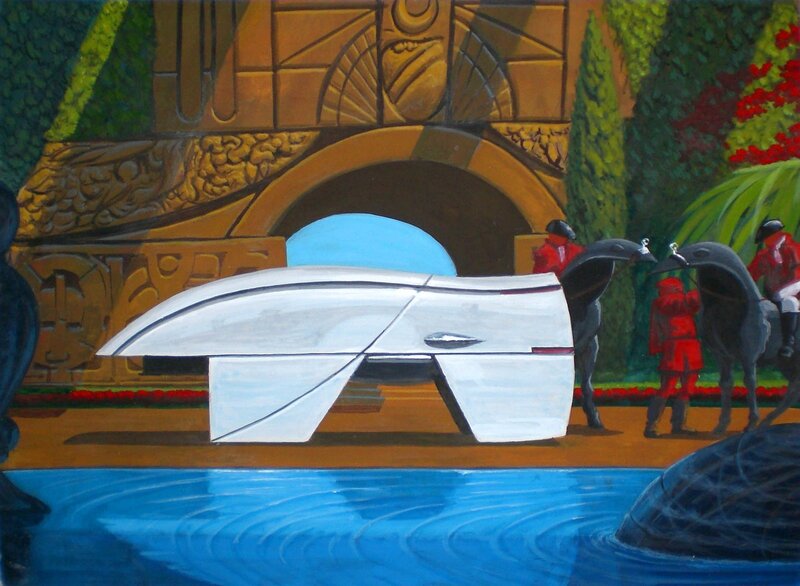 Futuristic vehicle in garden scene