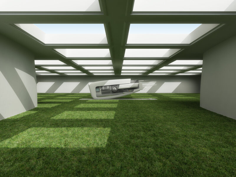 futuristic vehicle in green room