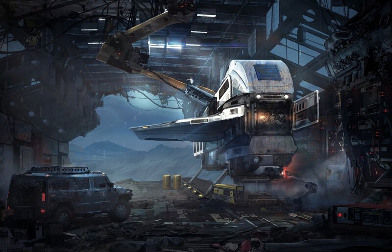 Futuristic Vehicle in Hangar — Gray, Dramatic