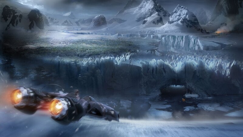 futuristic vehicle in icy landscape