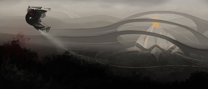 futuristic vehicle in misty landscape