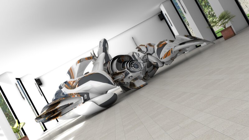 futuristic vehicle in modern room