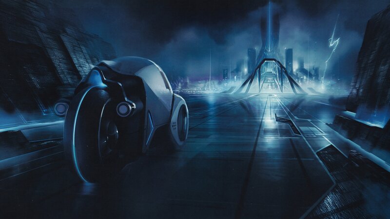 futuristic vehicle in neon city