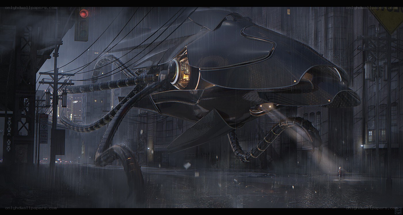 futuristic vehicle in rainy city