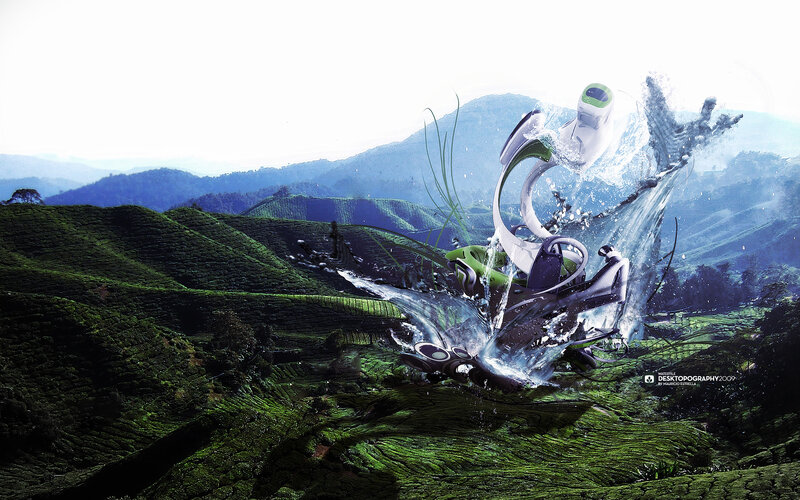 Futuristic vehicle in tea fields