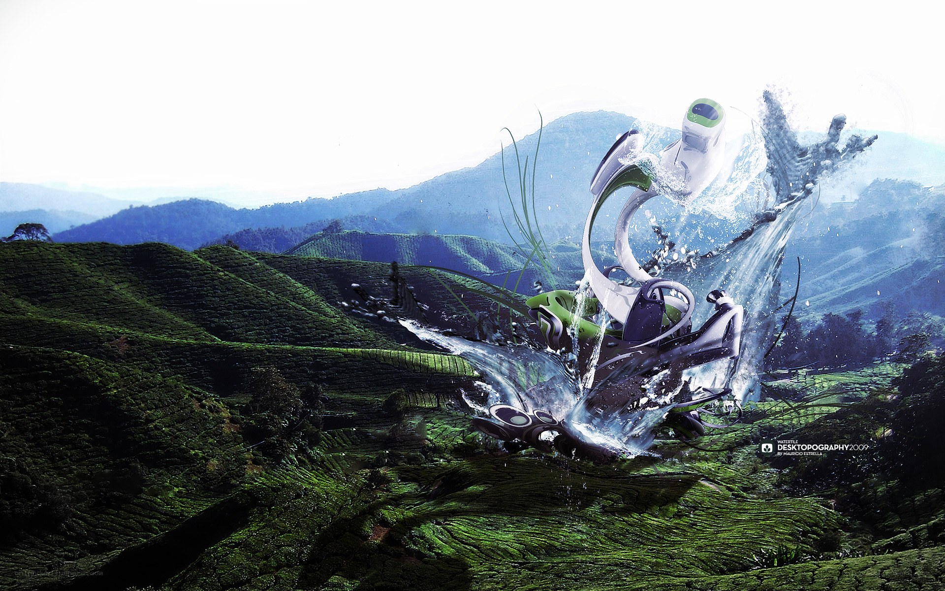 Futuristic vehicle in tea fields