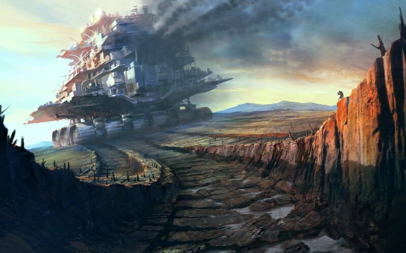 Futuristic vehicle in wasteland