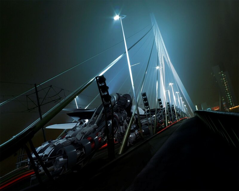 Futuristic vehicle on a bridge