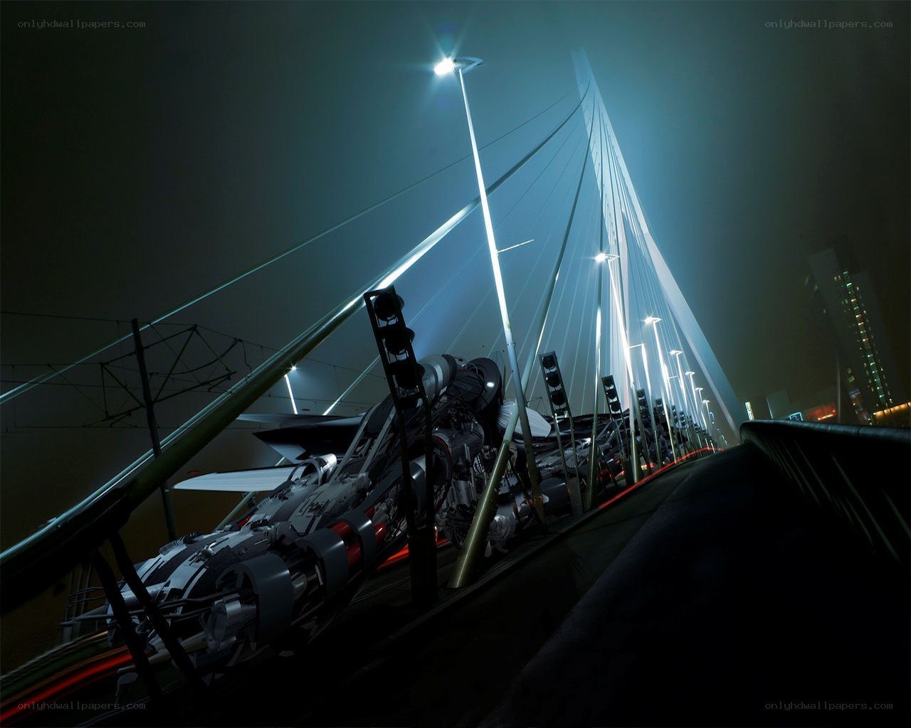Futuristic vehicle on a bridge