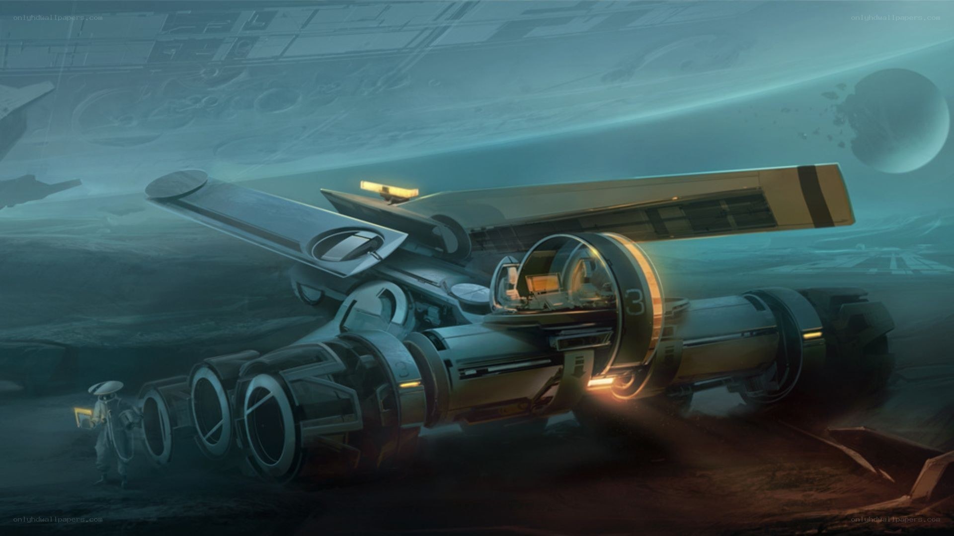 futuristic vehicle on alien planet