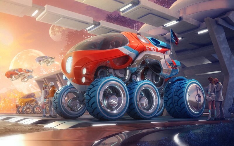 Futuristic vehicle on alien planet
