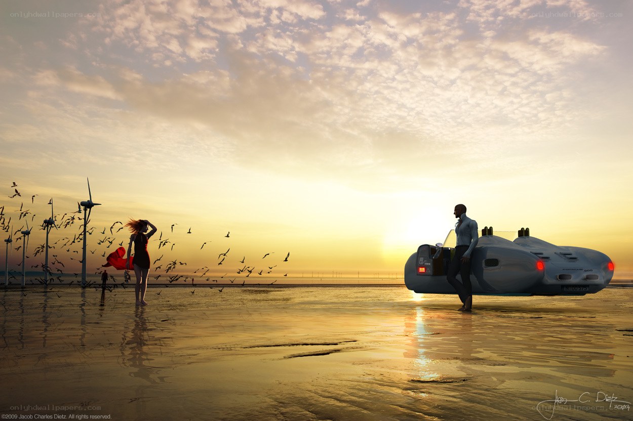 Futuristic vehicle on beach at sunset