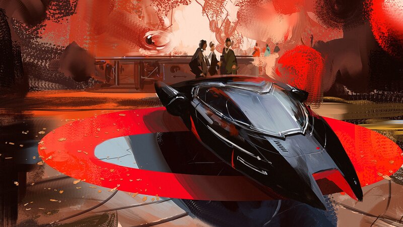 Futuristic Vehicle on Platform — Red, Dramatic