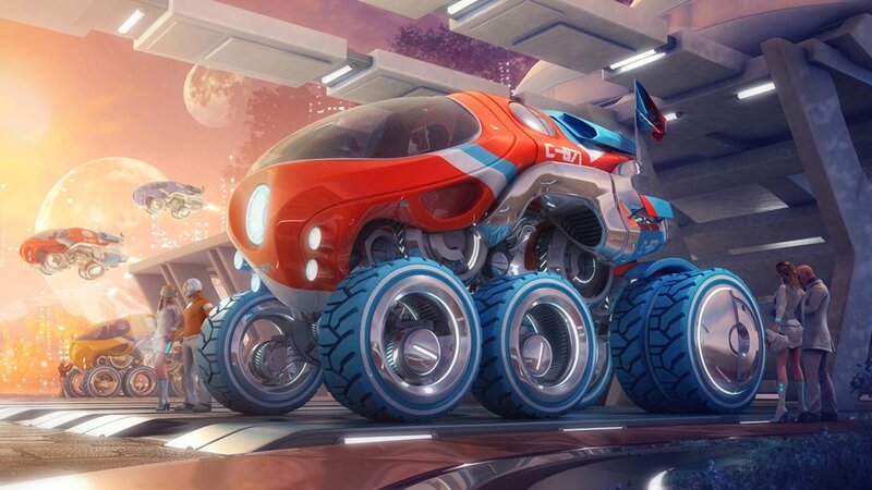 Futuristic Vehicle on Platform — Red