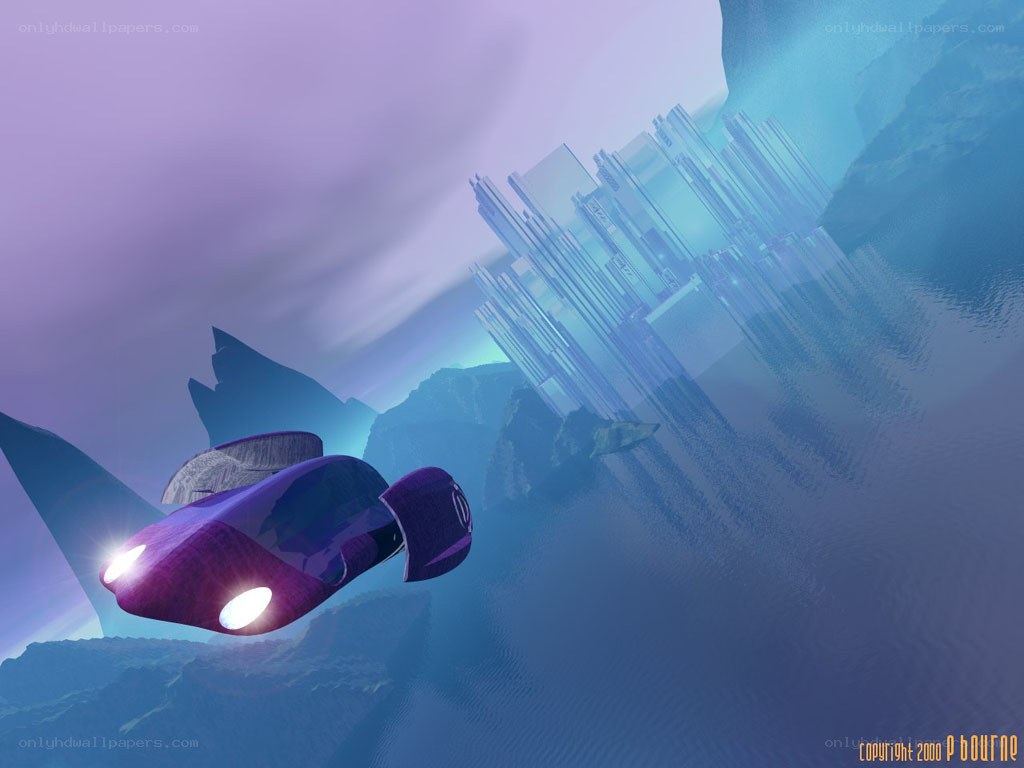 futuristic vehicle over alien city