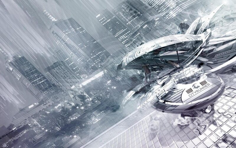 Futuristic Vehicle over City