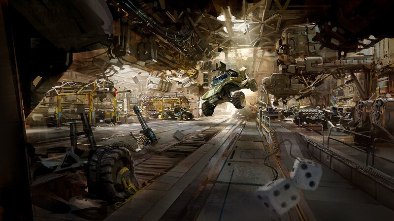 Futuristic vehicle workshop chaos