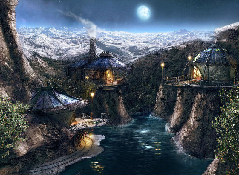 Futuristic Village in Canyon — Blue