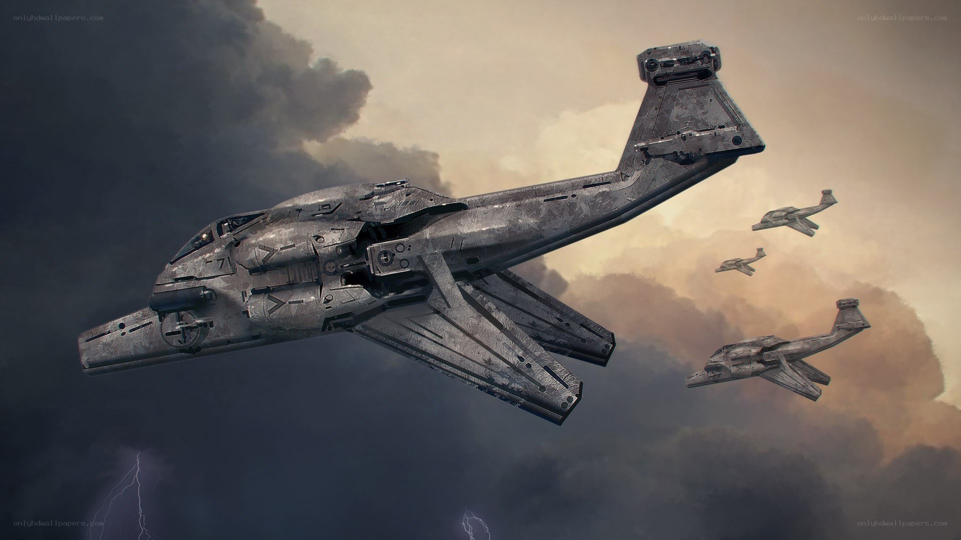 futuristic warplanes in stormy sky