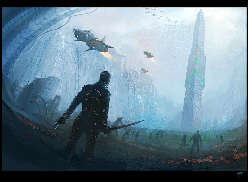 Futuristic warrior in alien landscape