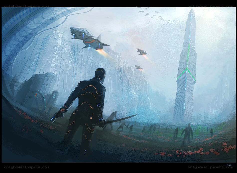 Futuristic warrior in alien landscape