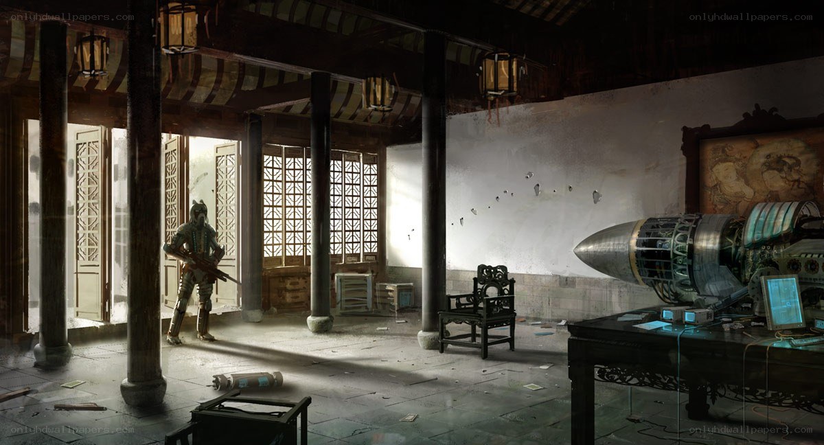 Futuristic warrior in traditional hall