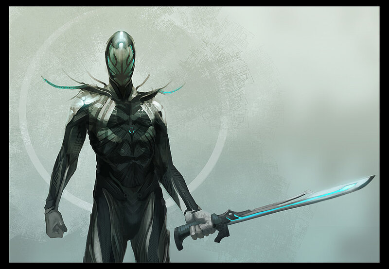 futuristic warrior with glowing sword