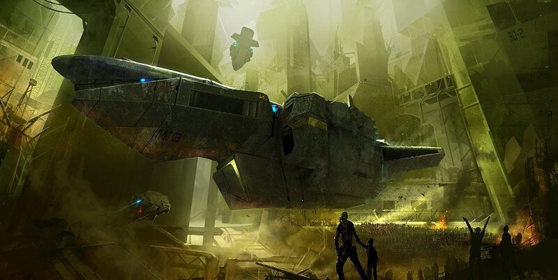 Futuristic warship in a ruined city