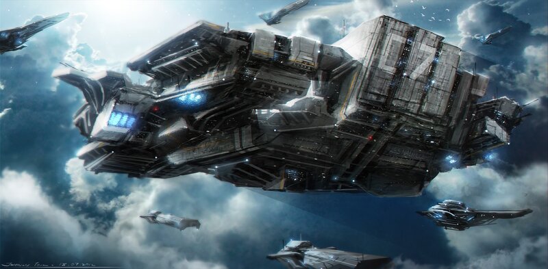 Futuristic warship in clouds