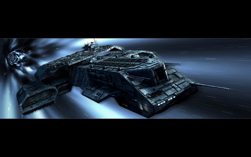 Futuristic warship in hyperspace