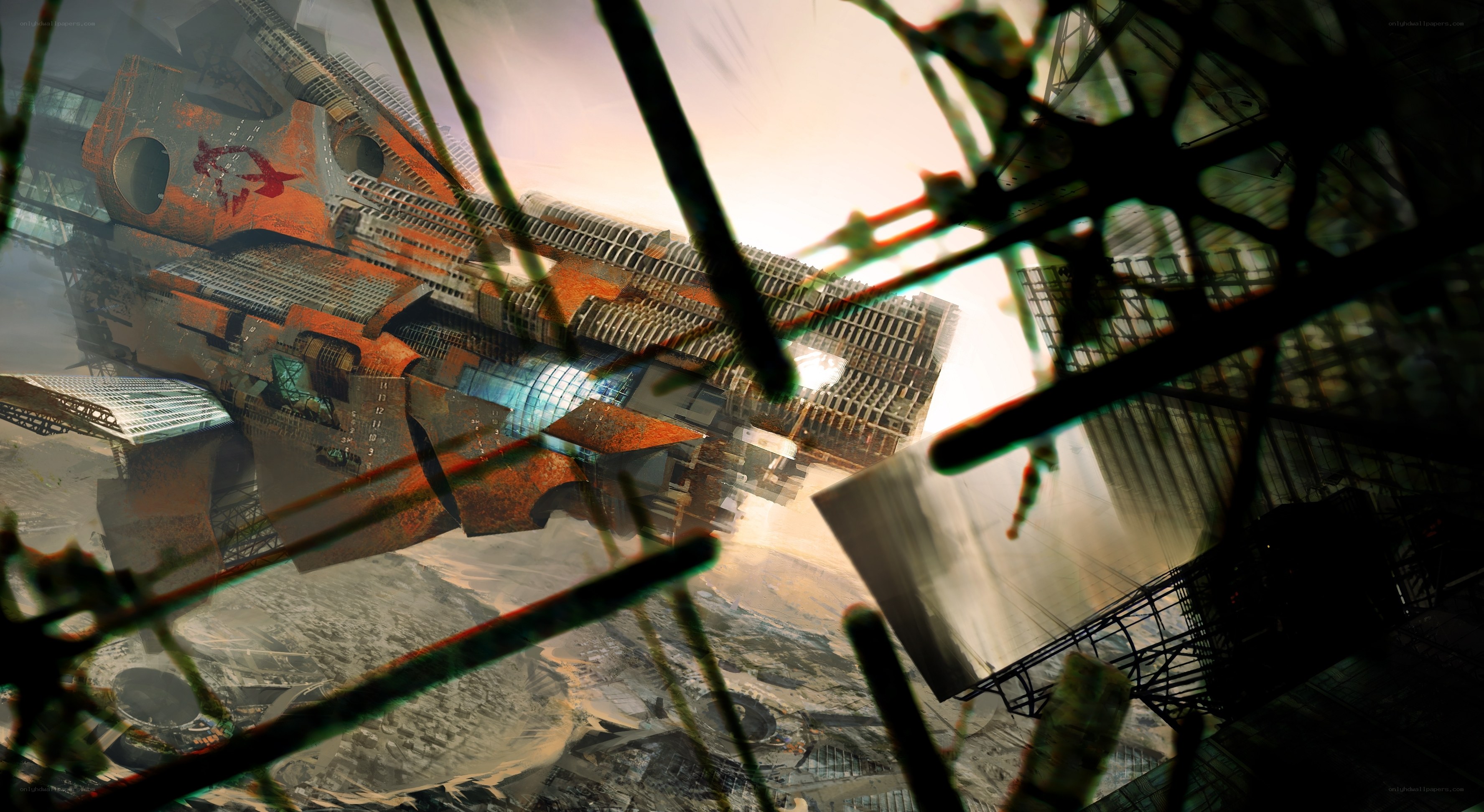 Futuristic warship in ruins
