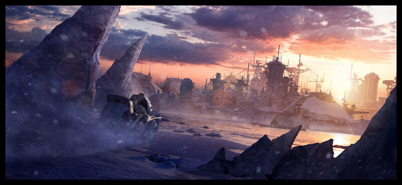 Futuristic warship in snowy landscape