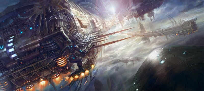 Futuristic warship in space