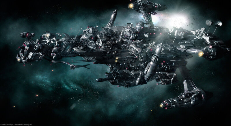 Futuristic warship in space
