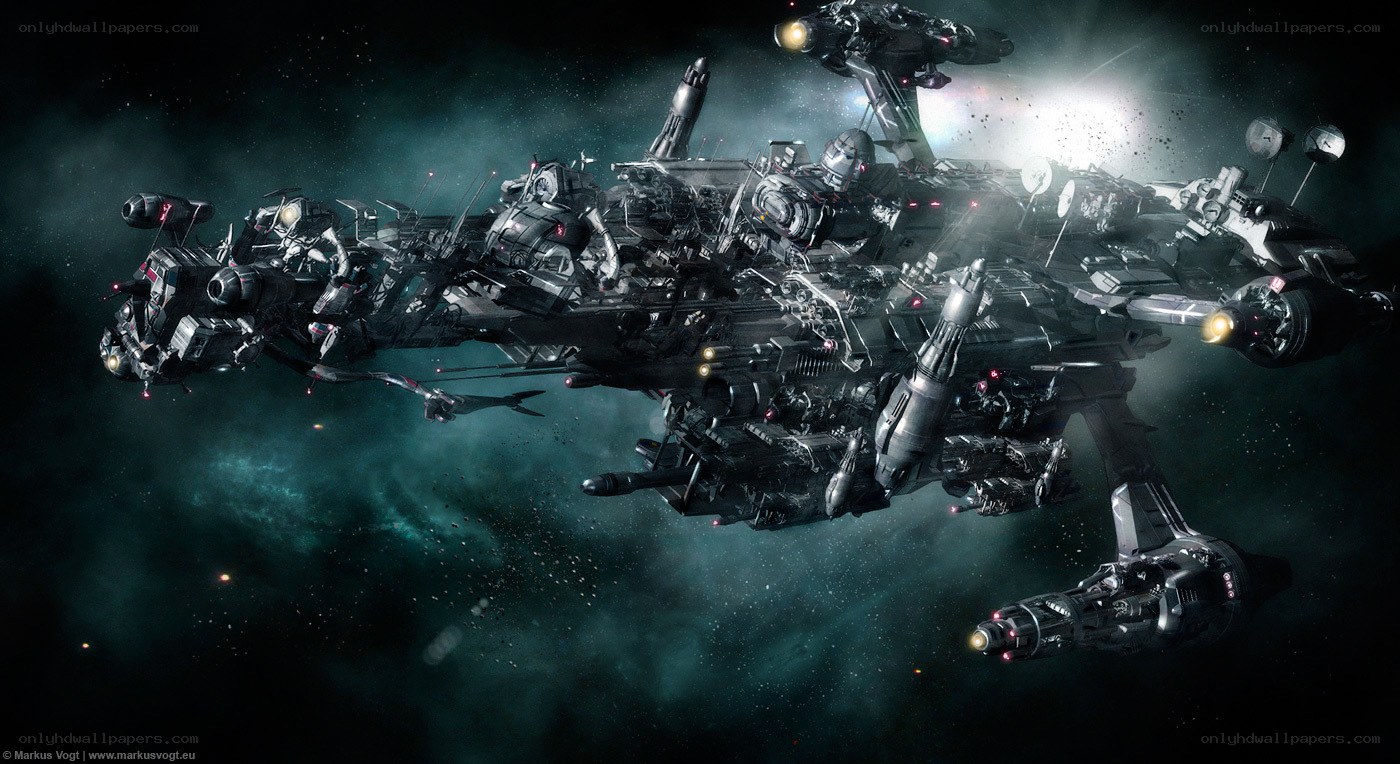 Futuristic warship in space